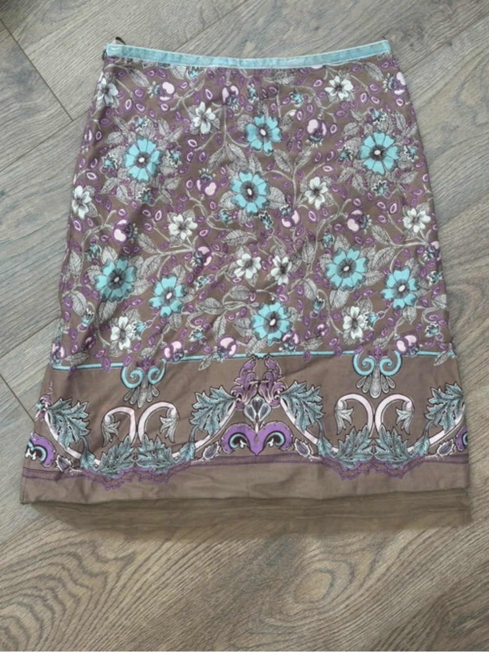 Y2K Floral Embroidered A-Line Skirt in Taupe and Aqua